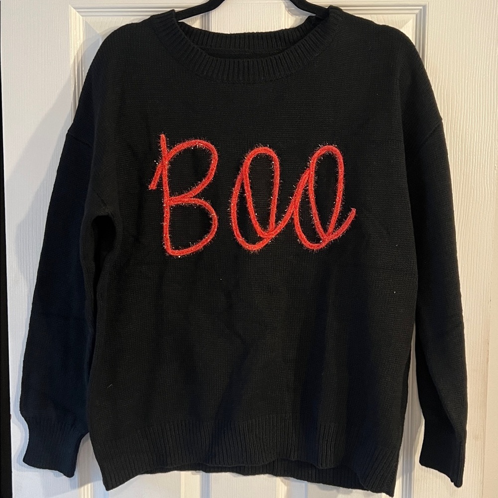 Black Sweater with Sparkly Orange ‘Boo' Design